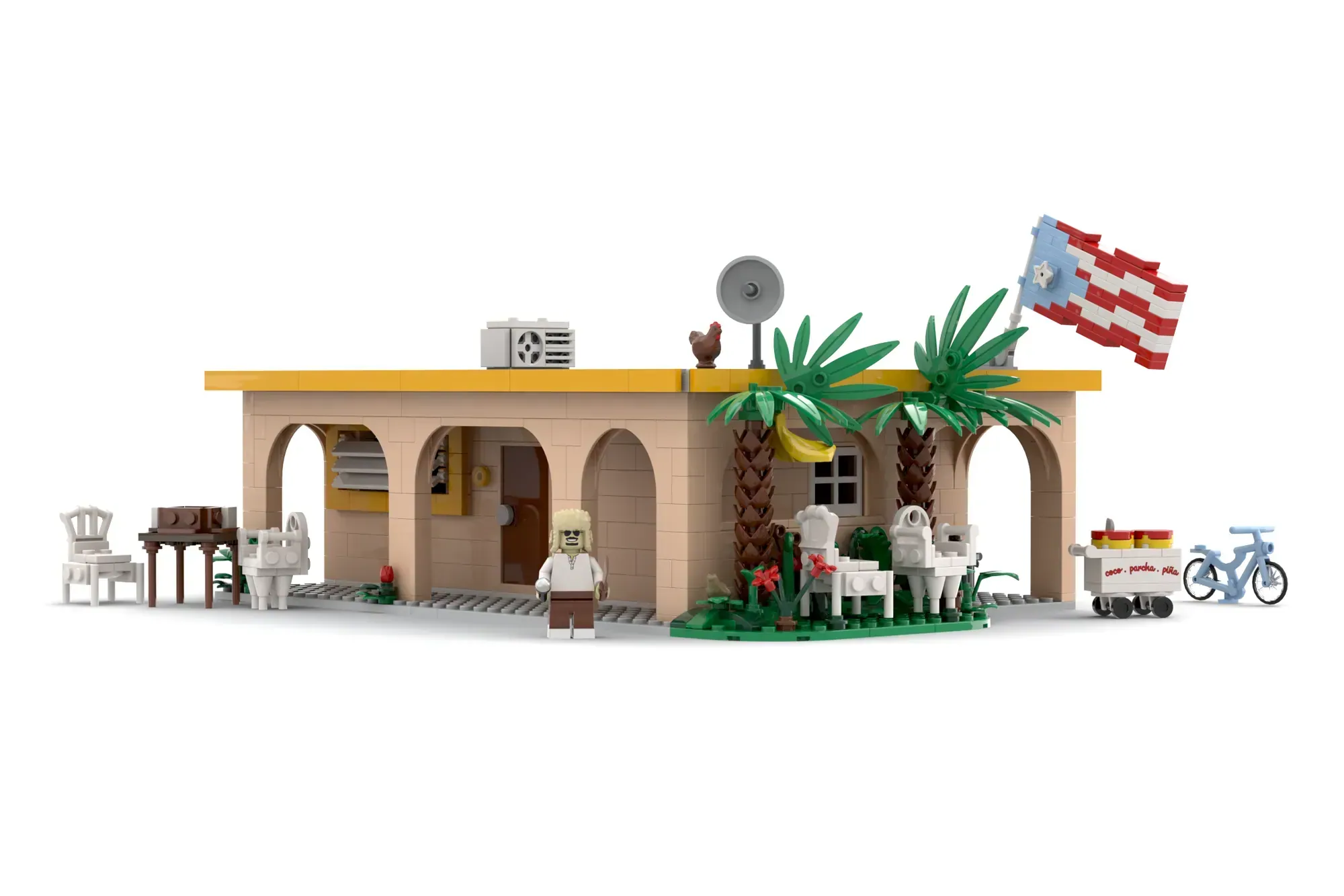 3D render of the fan-designed LEGO Ideas Bad Bunny La Casita set, showing the Puerto Rican style house structure with palm trees, outdoor porch, and custom minifigures.