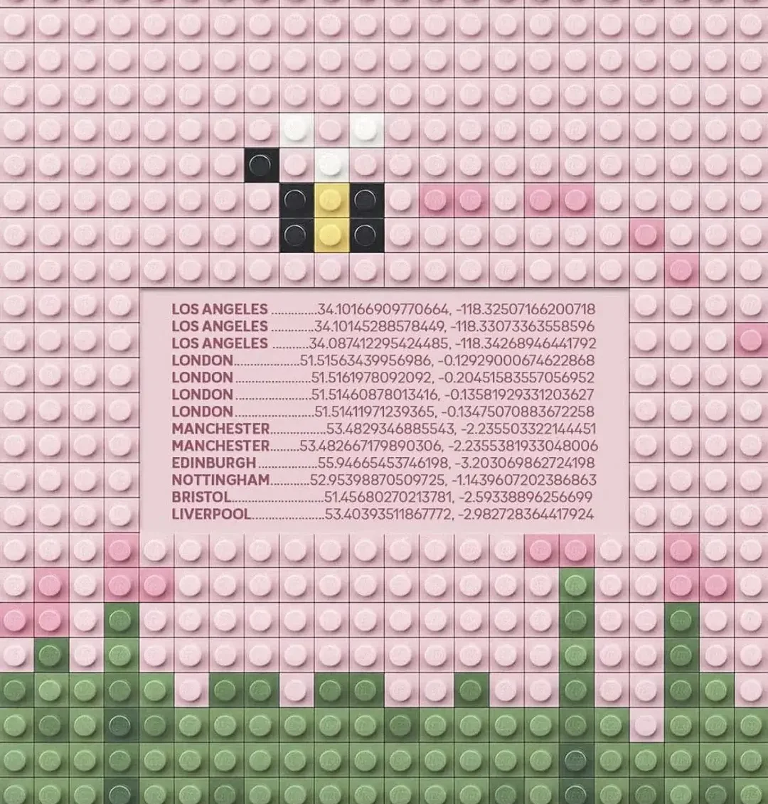 Clue card showing geographic coordinates for locating one of the hidden 333 limited-edition LEGO Olivia Rodrigo vinyl records.
