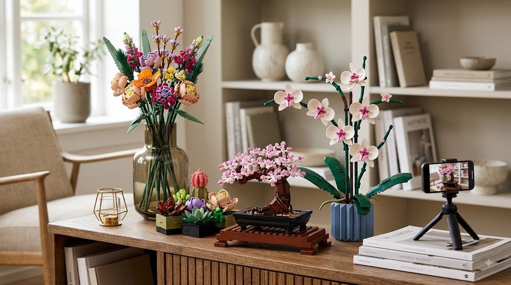 LEGO Botanicals sets including Bonsai, Orchid, and Flower Bouquet arranged on a wooden shelf in a warm, minimalist room.