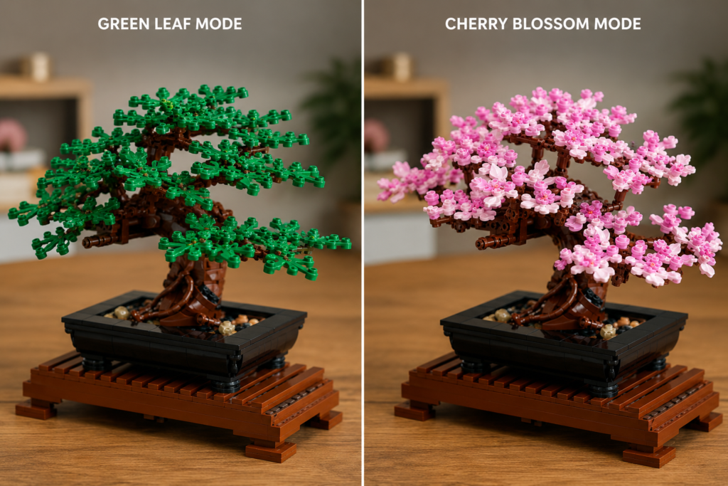 Side-by-side comparison of the LEGO Bonsai Tree in green leaf mode versus pink cherry blossom mode