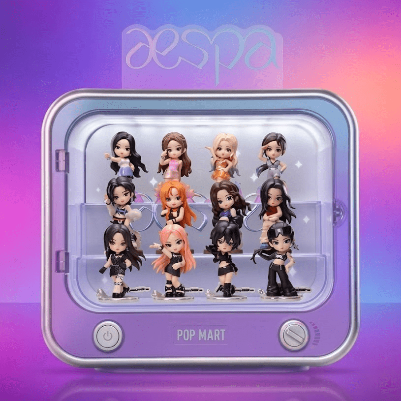 Pop Mart x aespa collectible figures set displayed inside a purple retro TV-style illuminated case.