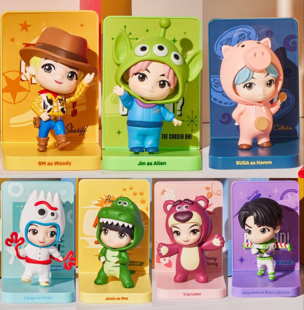 TinyTAN x Toy Story collectible figures by HYBE, featuring BTS members reimagined as iconic Toy Story characters.