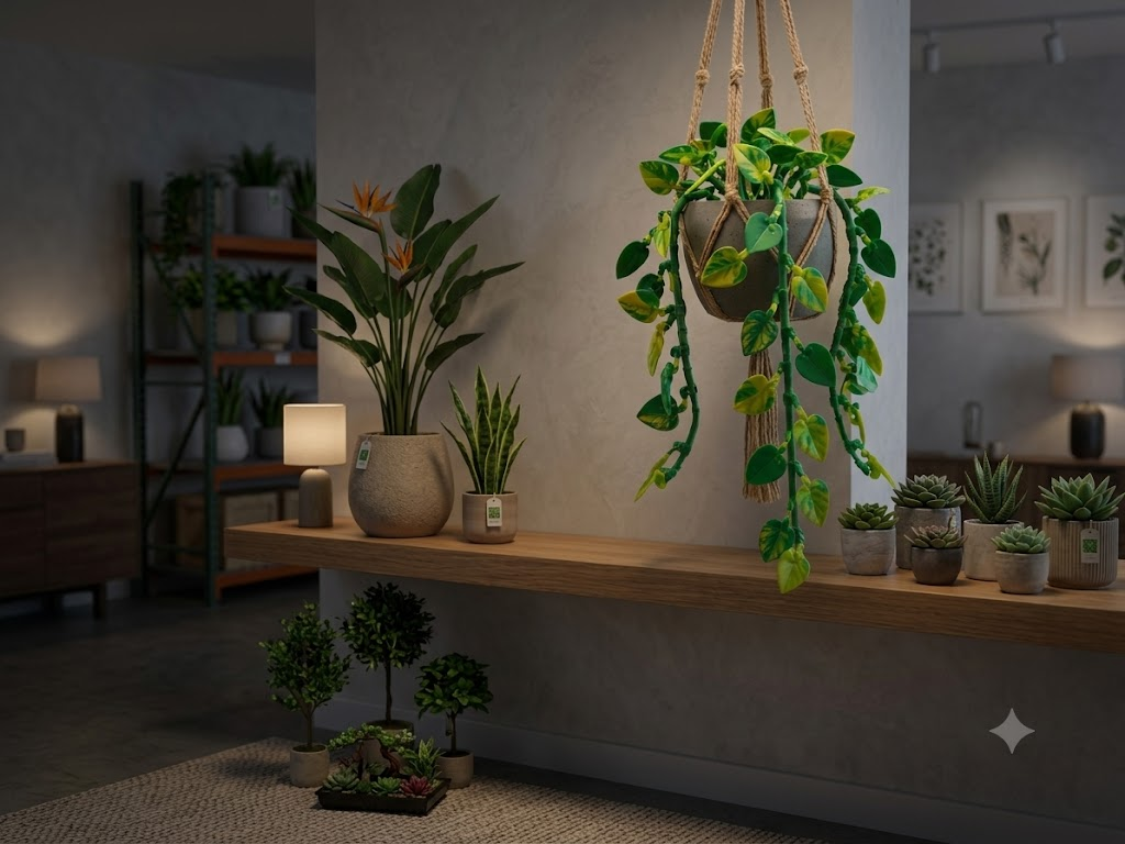 Plastic botanical displays offer zero-maintenance green accents for dim rooms or offices.