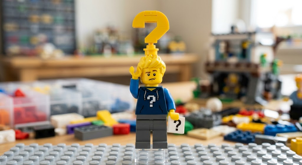 A custom LEGO minifigure in a blue hoodie standing on a gray baseplate with a large yellow question mark element attached above its head.