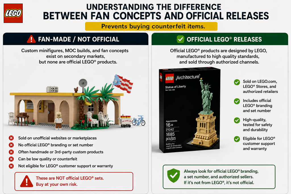 Infographic graphic comparing unofficial custom LEGO fan builds on the left with an official LEGO Architecture boxed product on the right, highlighting key differences in branding, quality, availability, and customer support.