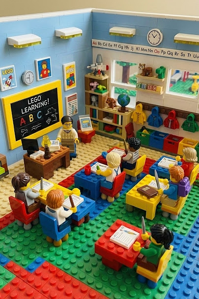 LEGO classroom scene featuring student minifigures sitting at yellow wooden desks with paper and pens, listening to a teacher minifigure at the front desk.