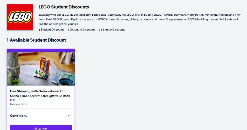 Screenshot of the Student Beans app showing an active LEGO promotion offering free shipping on orders over $35 and a free gift on orders over $180.
