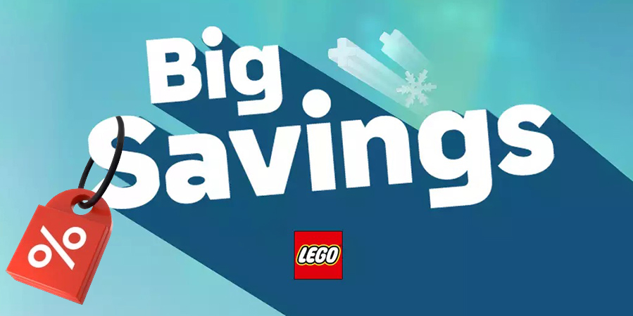 Promotional graphic displaying "Big Savings" text next to snowflakes and a percentage tag attached to the official LEGO logo.