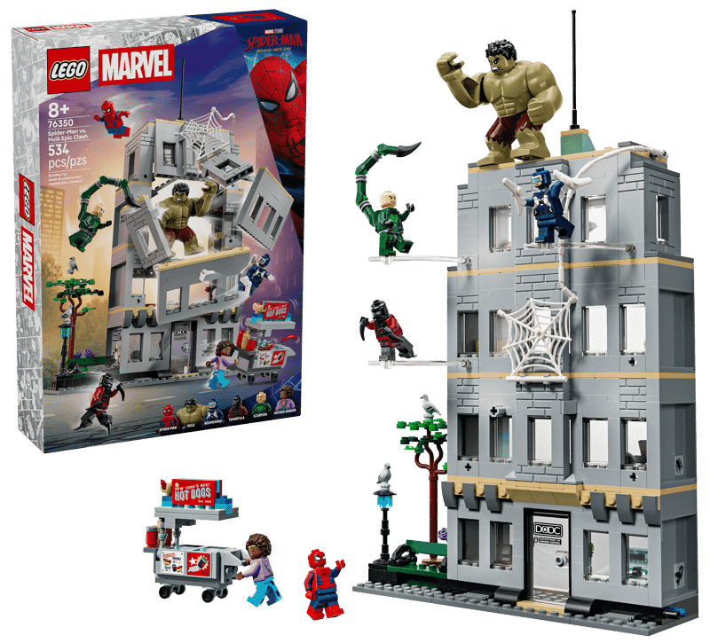 LEGO Spider-Man vs. Hulk Epic Clash set 76350 box showing the street battle scene, taxi cab, and Hulk bigfig.