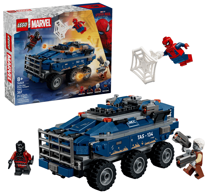 LEGO Spider-Man Prison Transport Chase set 76349 box showing the DODC armored truck and minifigures.