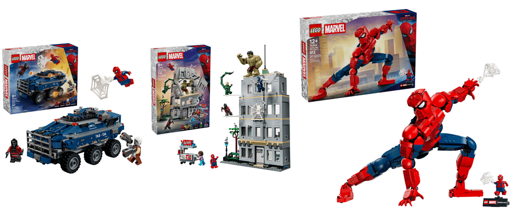 Lineup of three LEGO Spider-Man: Brand New Day set boxes.