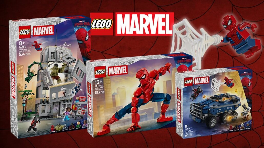 Three LEGO Marvel Spider-Man: Brand New Day set boxes displayed together against a red comic background.