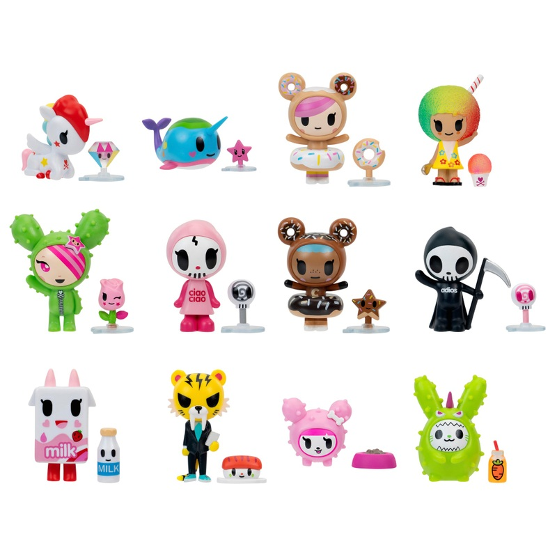 Collage of vibrant Tokidoki characters featuring iconic pop-art and Japanese kawaii style figures with bold outlines and pastel colors.