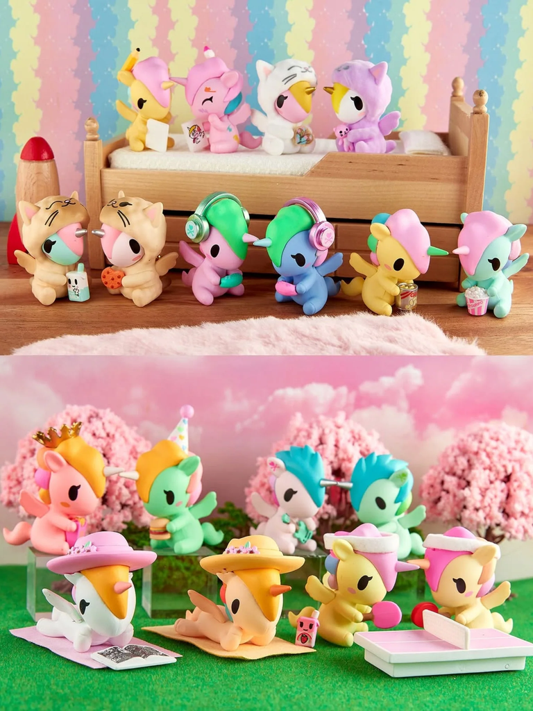 Display of Tokidoki Unicorno blind box vinyl figures highlighting standard releases alongside rare secret chase variants.