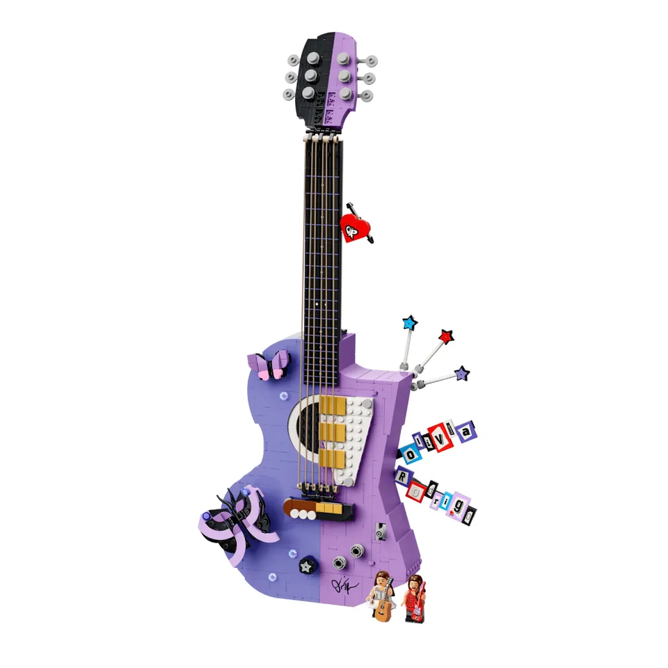 LEGO Olivia Rodrigo’s Dual Guitar set 43031 featuring acoustic and electric purple guitar halves.