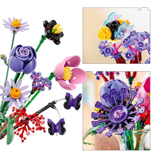 LEGO Olivia Rodrigo’s Flower Bouquet set 11507 featuring purple flowers, guitar-shaped petals, red cherries, and botanical details.