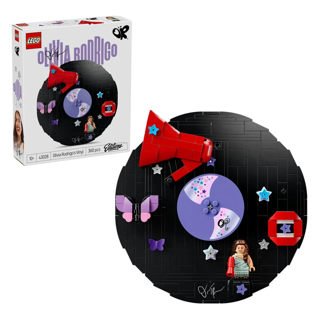 LEGO Olivia Rodrigo’s Vinyl set 43028 showing the brick-built record with red megaphone and butterfly details.
