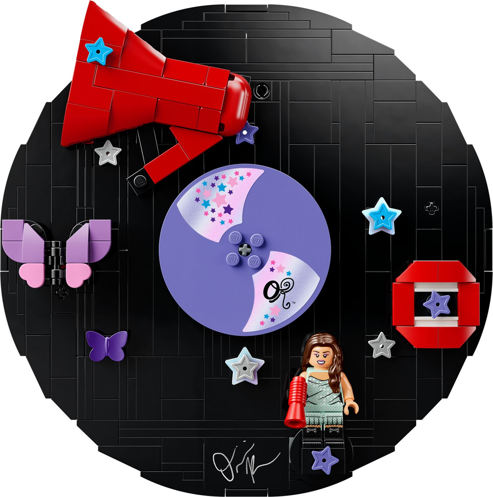 LEGO Olivia Rodrigo’s Vinyl set 43028 featuring a brick-built record display, Olivia Rodrigo minifigure in silver outfit, and decorative butterfly accents.