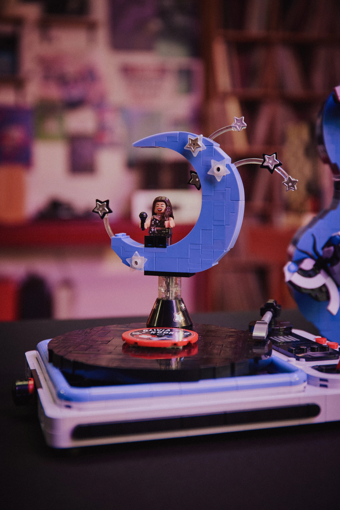 LEGO Olivia Rodrigo’s Concert Moon set 43029 showing the GUTS World Tour crescent moon performance stage on a purple turntable base.