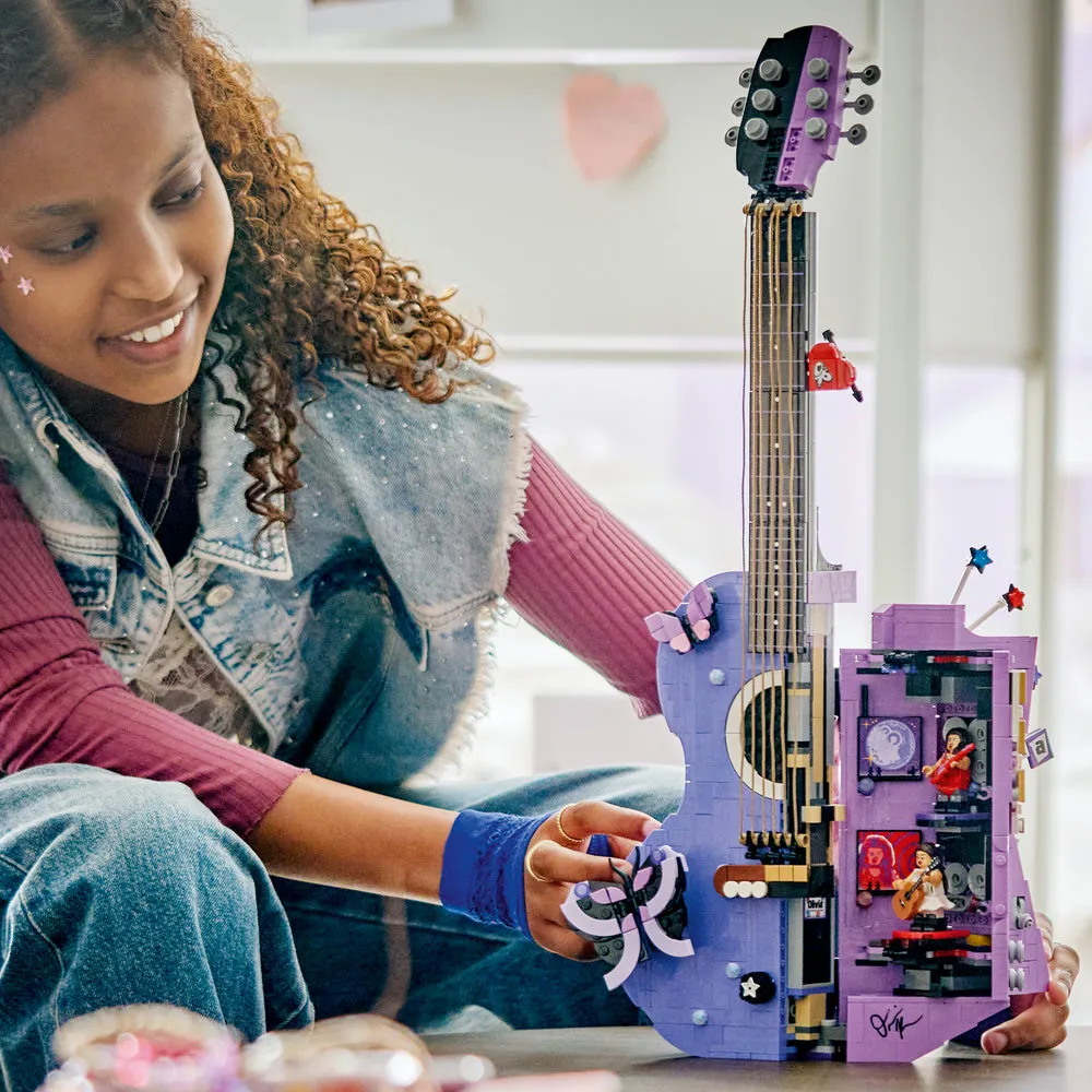 LEGO Olivia Rodrigo’s Dual Guitar set 43031 featuring combined acoustic and electric purple guitar builds with backstage dressing room details.