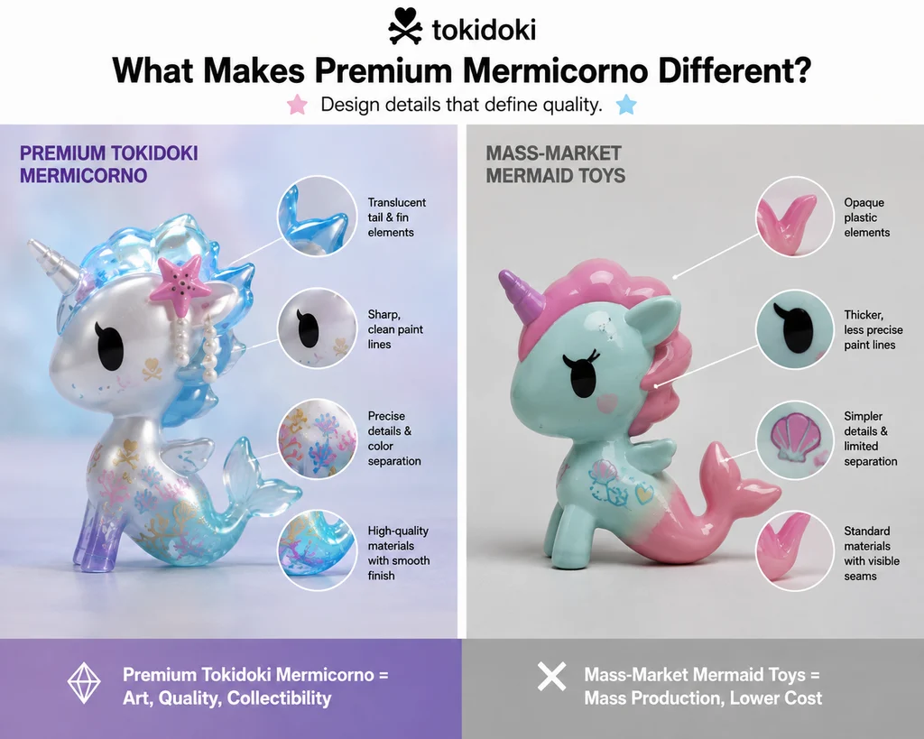 Side-by-side comparison of a premium Tokidoki Mermicorno vinyl figure with translucent accents and clean paint lines versus a generic mass-market mermaid toy with visible seams and opaque plastic.