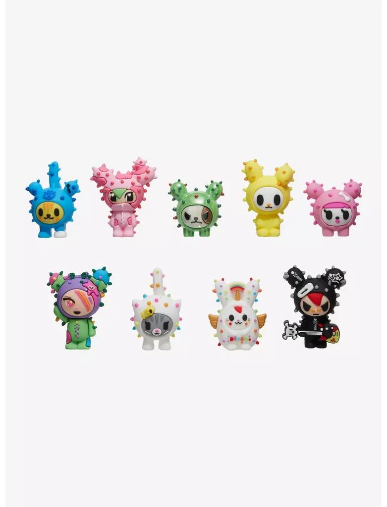 Tokidoki Cactus Friends and Donutella vinyl figures highlighting bold neon palettes, playful silhouettes, and pop-art aesthetic.