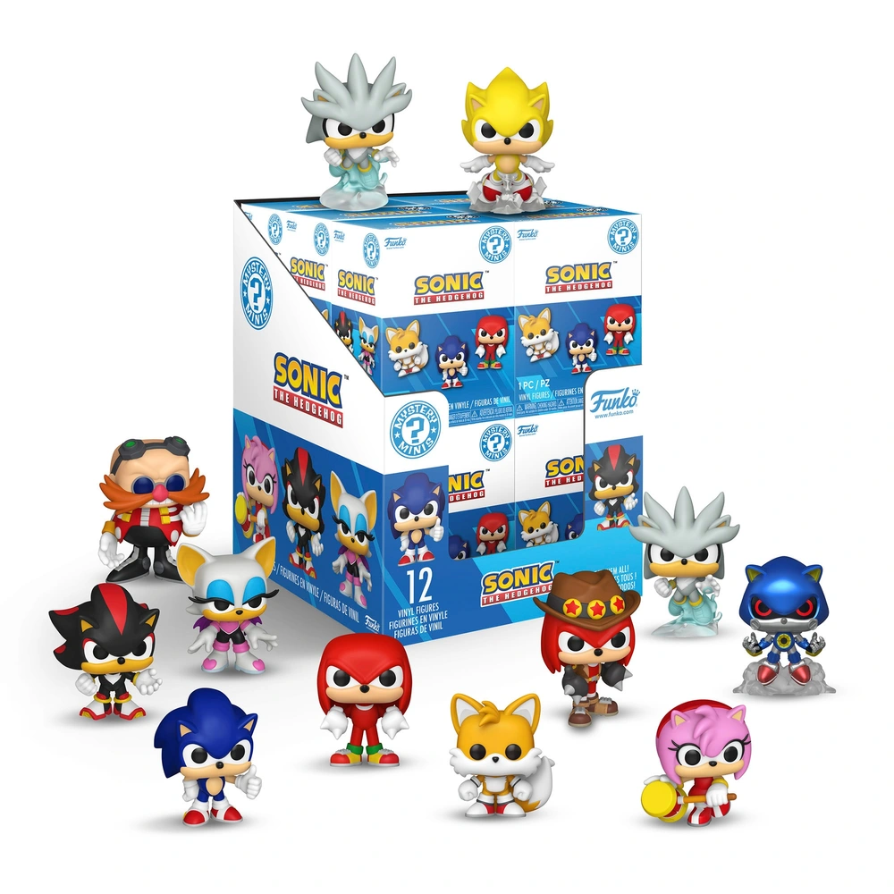 A Funko Mystery Minis blind box case for Sonic the Hedgehog, with all 12 figures unboxed.