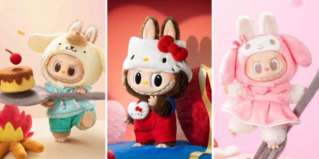Three-panel comparison of Labubu plush in different Sanrio character hoods — a yellow bunny-style hood with a dessert prop, the red Hello Kitty version, and a pink My Melody version.