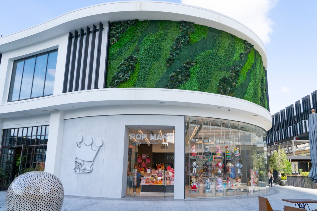 Sleek display shelves and high-end collectible figures inside the Pop Mart store at Westfield Century City, Los Angeles.